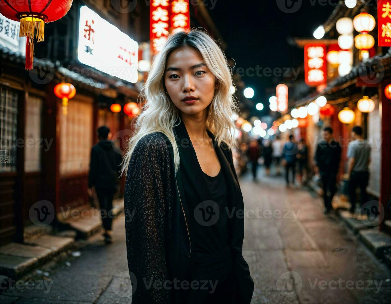 foto do lindo jovem menina dentro China local rua mercado às noite, generativo ai