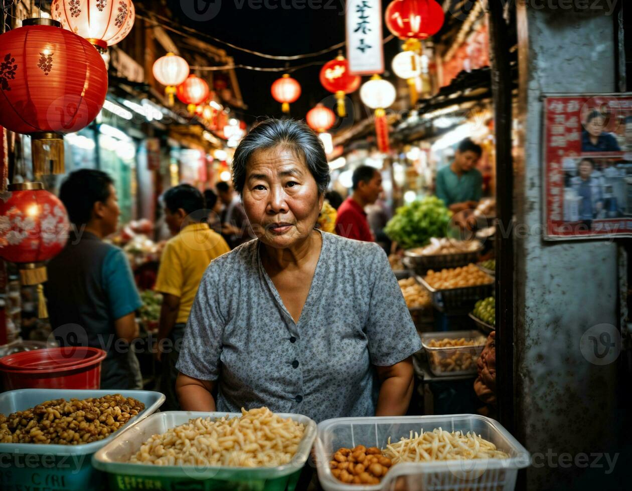 foto do Senior velho vendedor mulher dentro China local rua mercado às noite, generativo ai