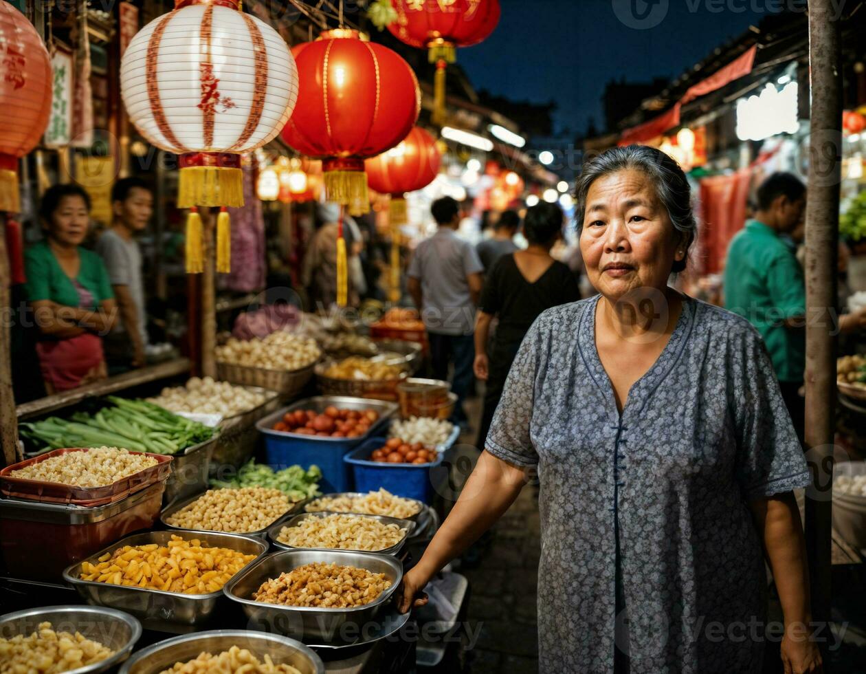 foto do Senior velho vendedor mulher dentro China local rua mercado às noite, generativo ai
