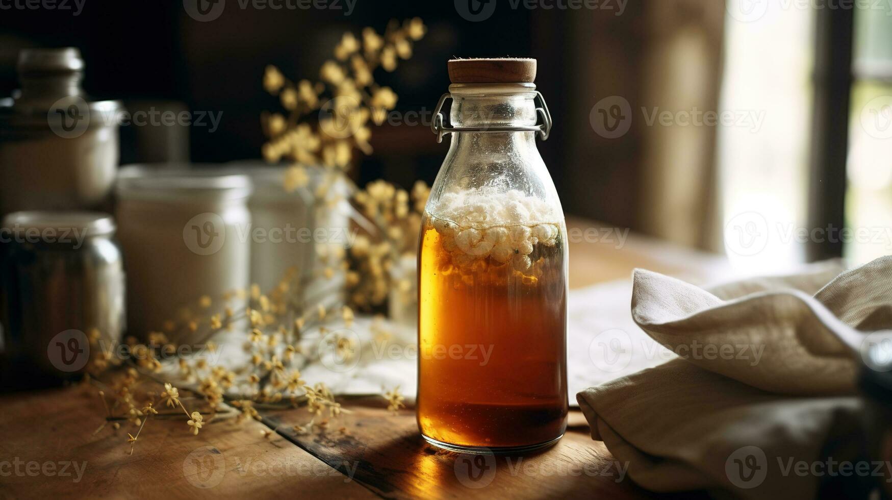 ai gerado generativo ai, caseiro fermentado kombuchá bebida, saudável chá, natural probiótico com sabor beber foto