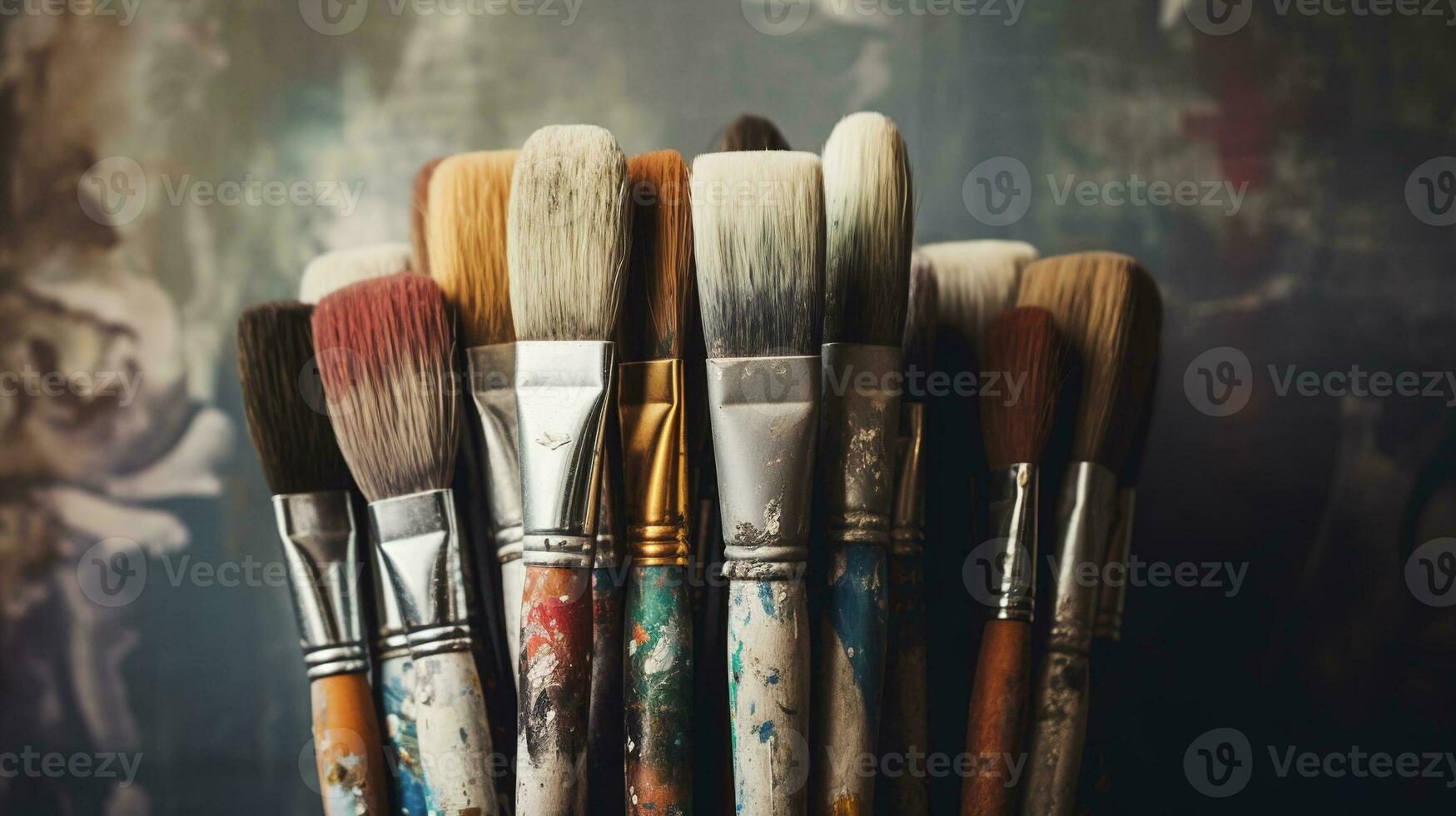 ai gerado generativo ai, colorida usava escovas dentro a do artista estúdio, estético silenciado cores foto