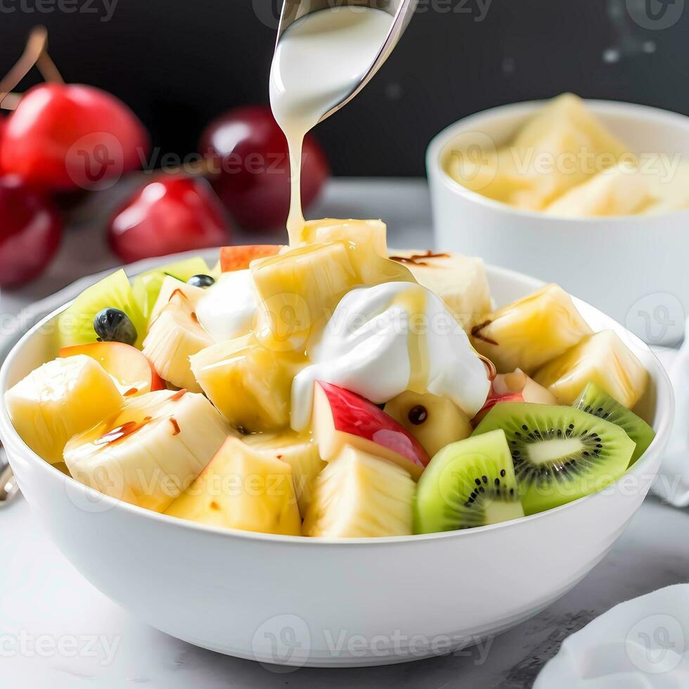 ai gerado saudável café da manhã fruta salada kiwi bananas abacaxi dentro branco tigela em mesa foto