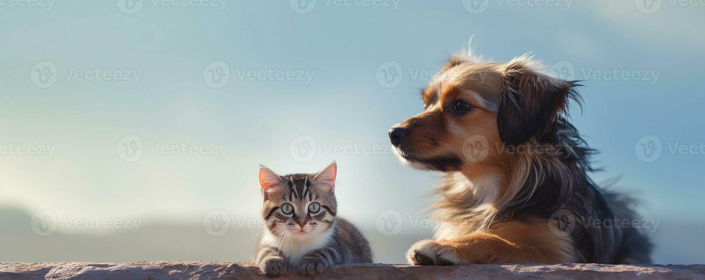 malhado gatinho e vermelho cachorro deitado junto. bandeira com animais de estimação ao ar livre, cópia de espaço. ai gerado. foto