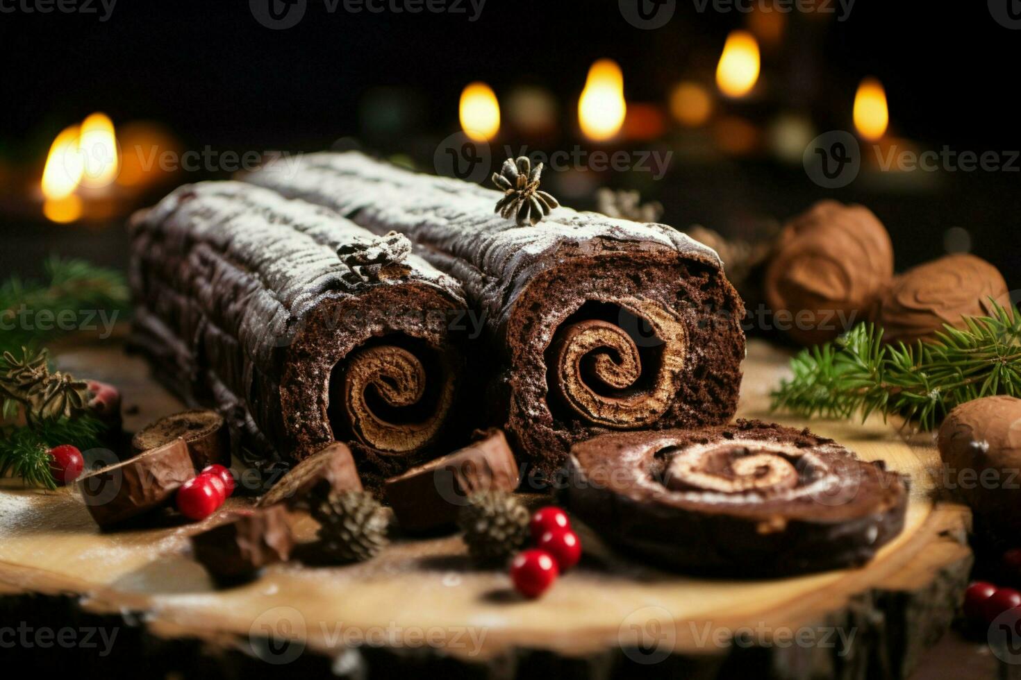 ai gerado clássico yule registro uma festivo tratar Natal bolo enrolado e adornado para uma delicioso celebração ai gerado foto