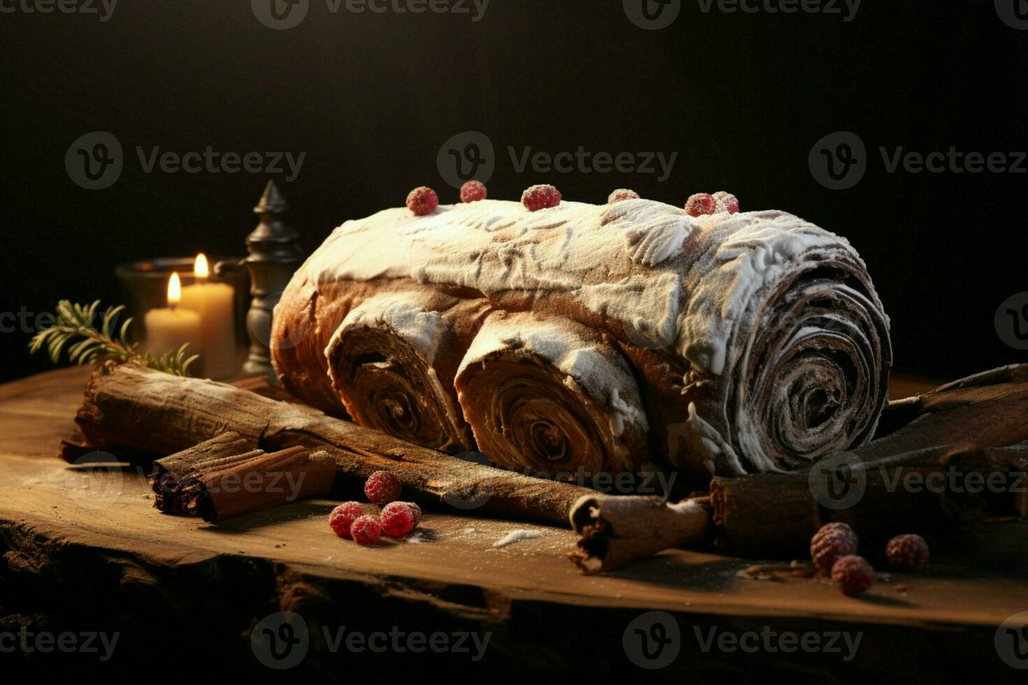 ai gerado clássico yule registro uma festivo tratar Natal bolo enrolado e adornado para uma delicioso celebração ai gerado foto