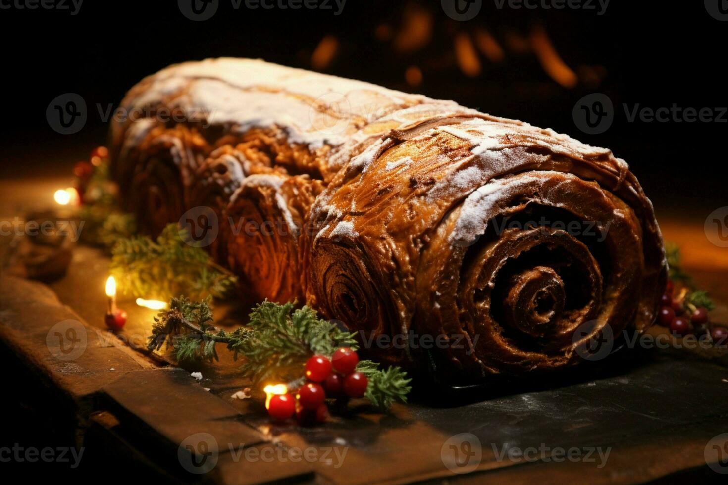 ai gerado clássico yule registro uma festivo tratar Natal bolo enrolado e adornado para uma delicioso celebração ai gerado foto