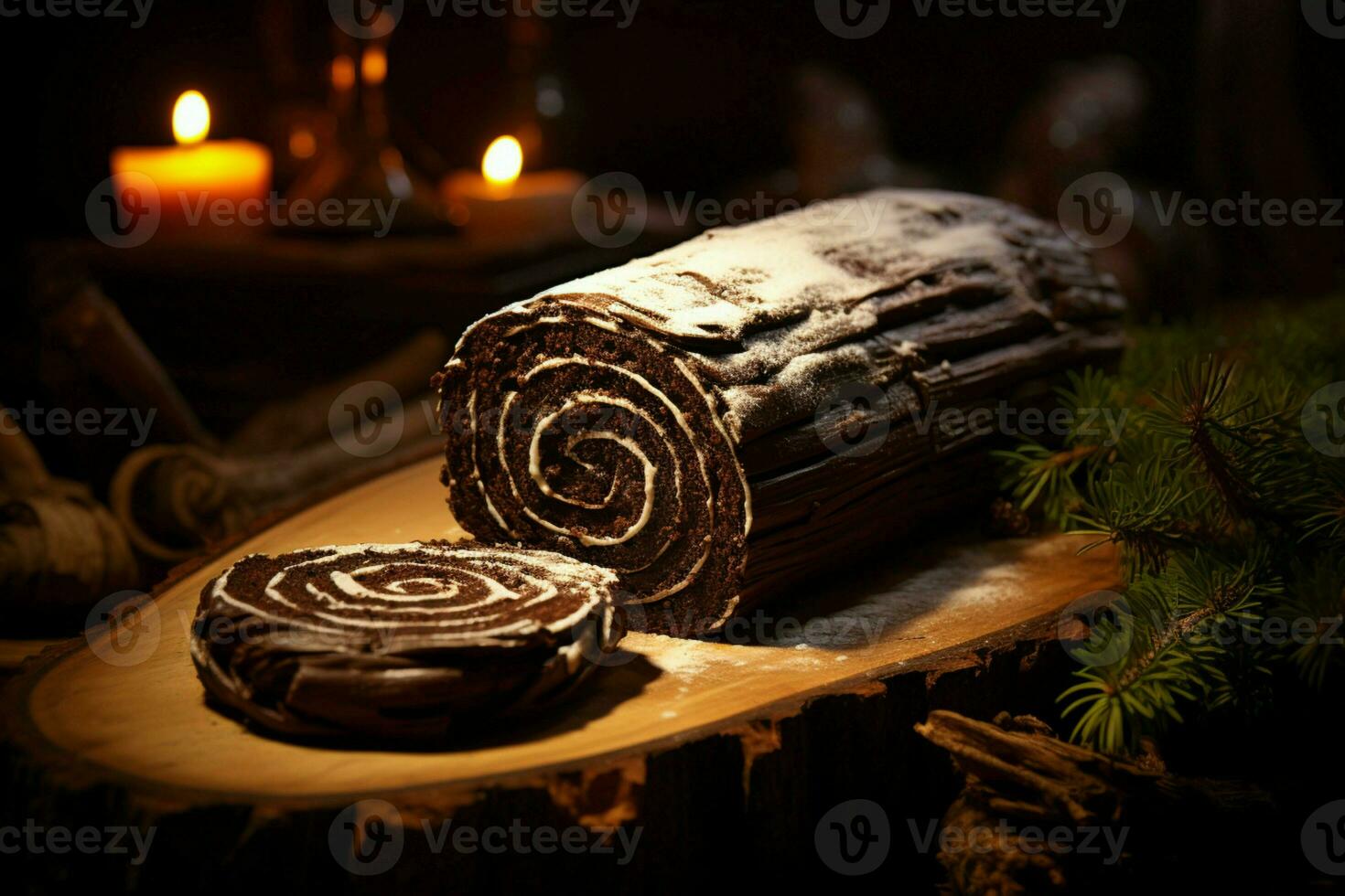 ai gerado clássico yule registro uma festivo tratar Natal bolo enrolado e adornado para uma delicioso celebração ai gerado foto