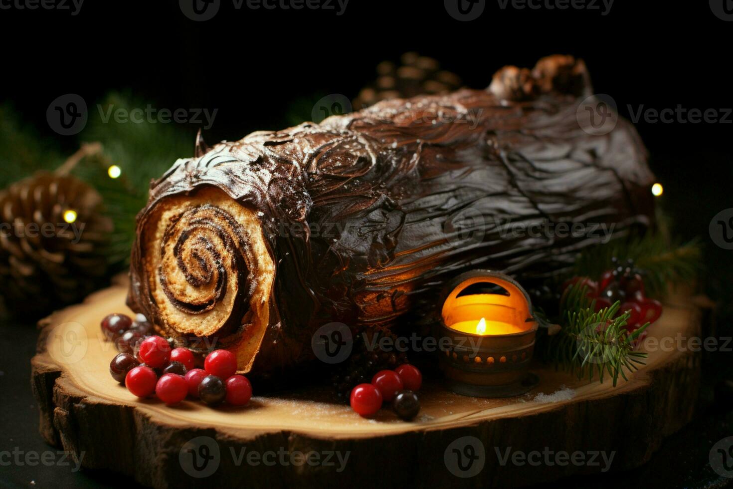 ai gerado clássico yule registro uma festivo tratar Natal bolo enrolado e adornado para uma delicioso celebração ai gerado foto