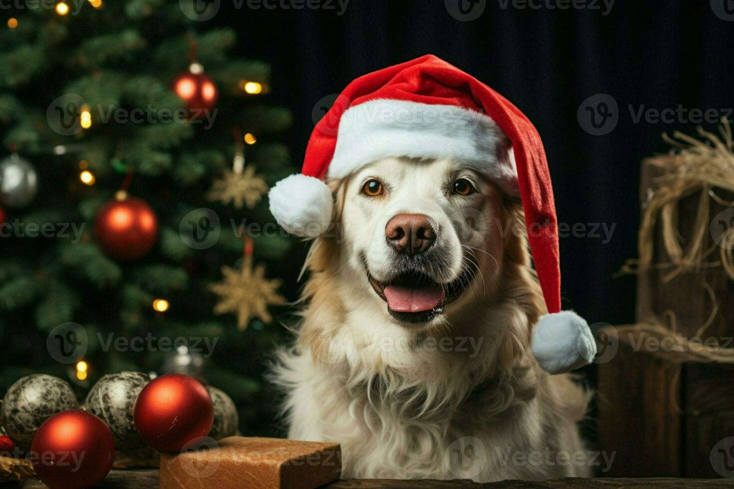 ai gerado Natal festividades com uma adorável cachorro a comemorar com festivo decorações e feriado alegria ai gerado foto