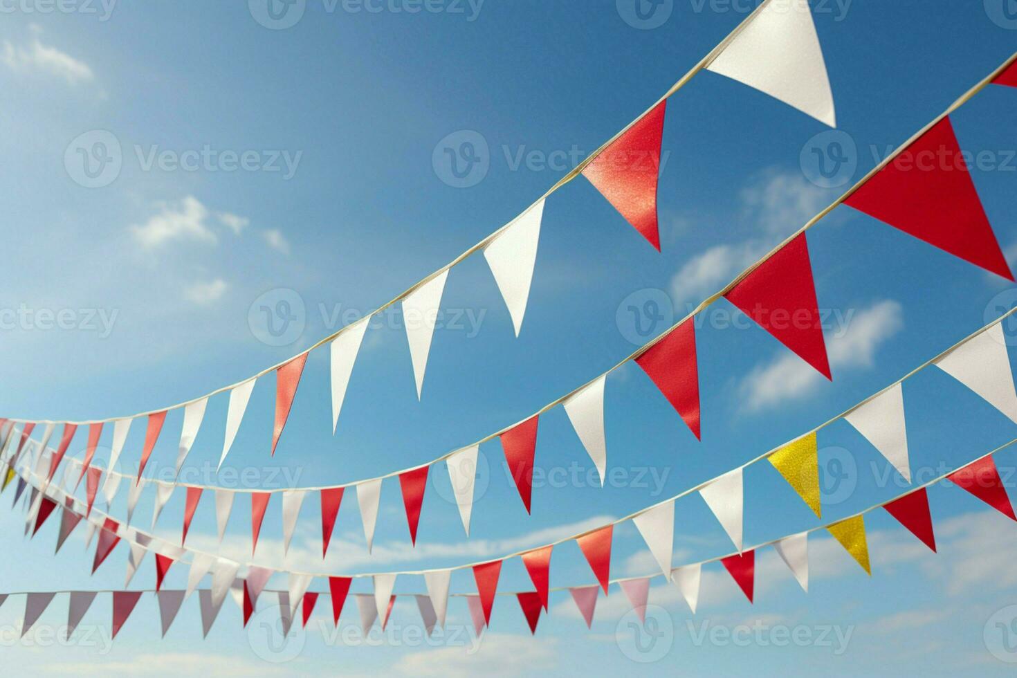 ai gerado vibrante vermelho e branco estamenha festivamente suspensão com triangular bandeiras para celebrações. ai gerado foto