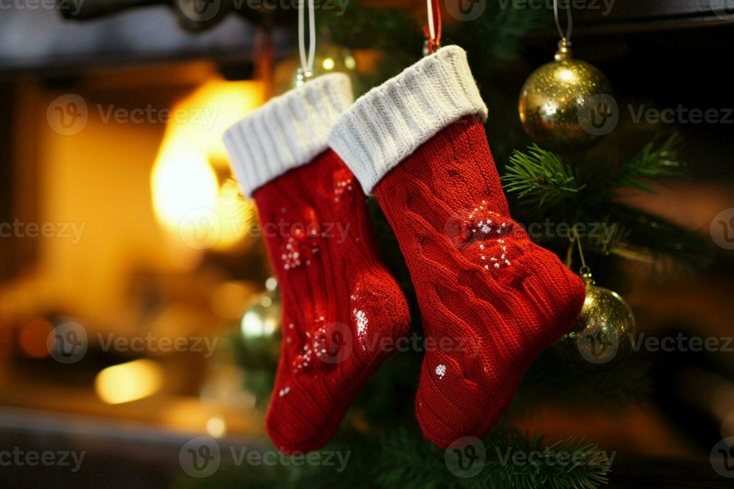 ai gerado Natal festivo celebrações vermelho meia pendurado de a lareira aguardando Santa alegre surpresas ai gerado foto