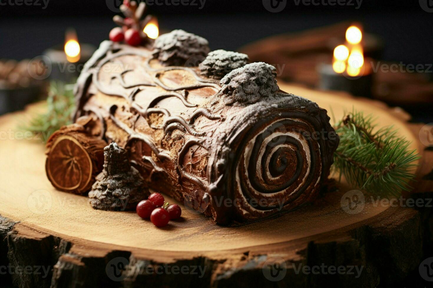 ai gerado clássico yule registro uma festivo tratar Natal bolo enrolado e adornado para uma delicioso celebração ai gerado foto