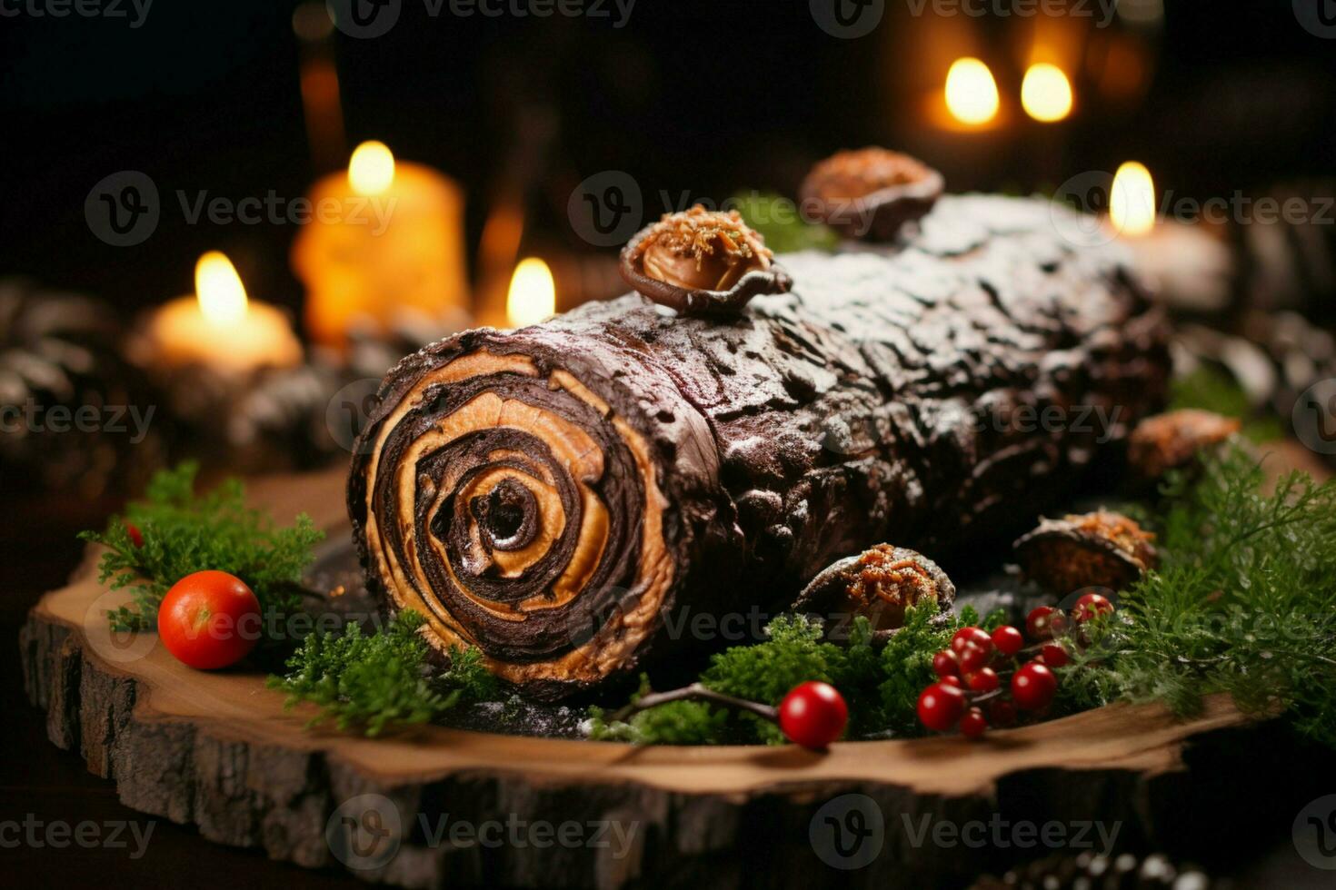 ai gerado clássico yule registro uma festivo tratar Natal bolo enrolado e adornado para uma delicioso celebração ai gerado foto