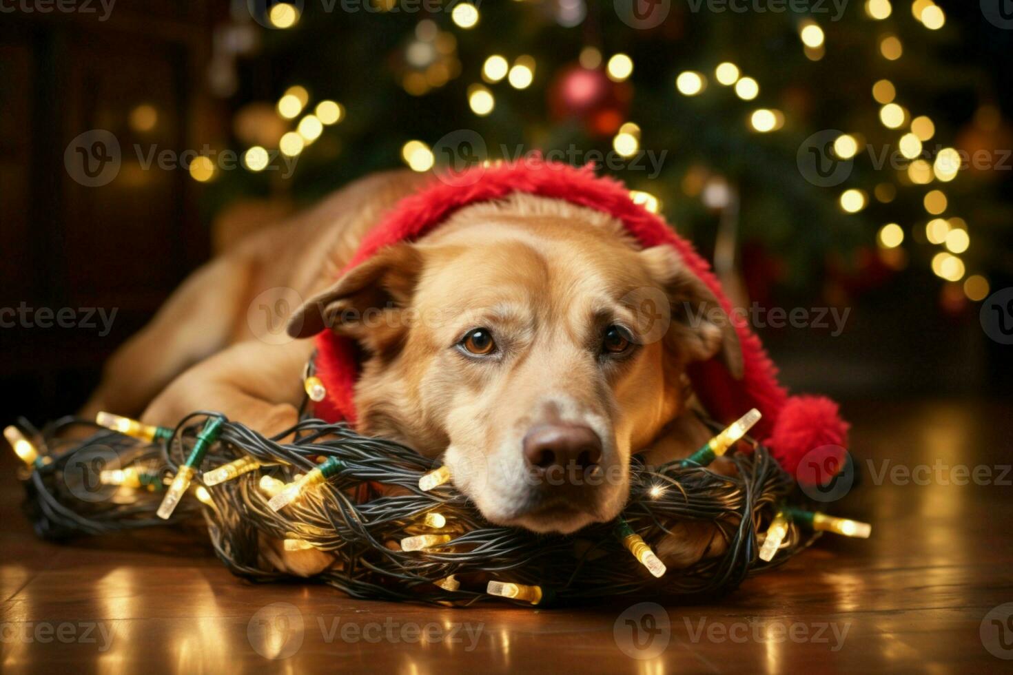 ai gerado Natal festividades com uma adorável cachorro a comemorar com festivo decorações e feriado alegria ai gerado foto