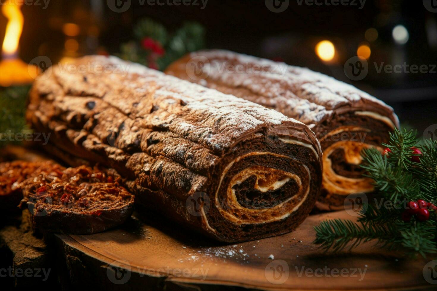 ai gerado clássico yule registro uma festivo tratar Natal bolo enrolado e adornado para uma delicioso celebração ai gerado foto