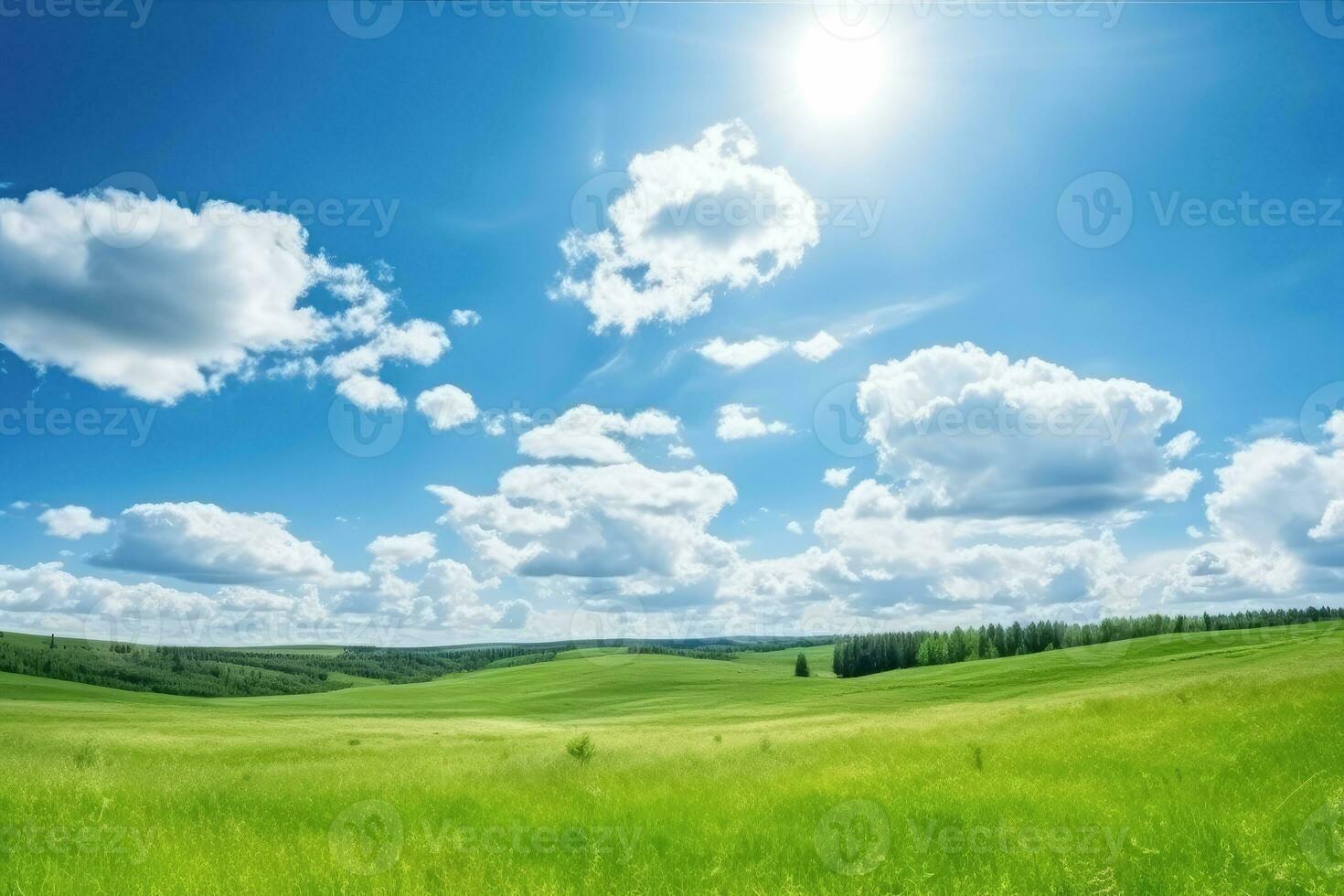 ai gerado panorama do verde Relva campo com azul céu e pequeno colinas , verão natureza panorama fundo, ai generativo foto