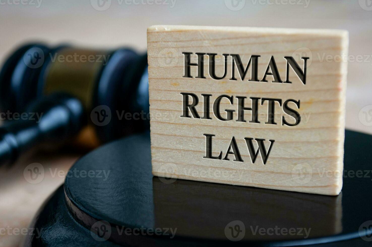 humano direitos lei texto gravado em de madeira quadra com martelo fundo. legal conceito foto