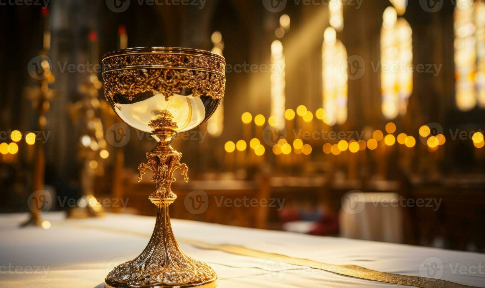 pôr do sol Visão dentro Igreja com fechar acima do piedosos cálice com Customizável espaço para texto ou orações. foto