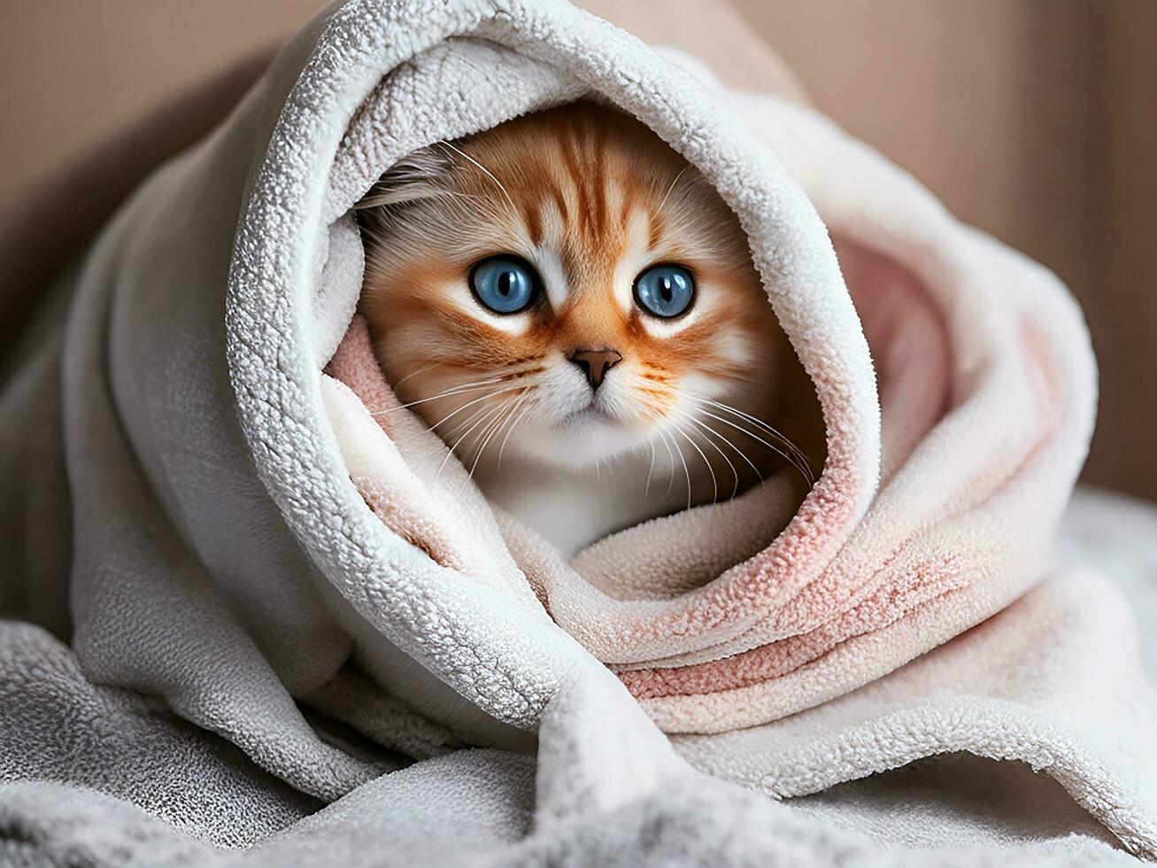 ai gerado fofa gato embrulhado dentro uma banho toalha ai gerado foto
