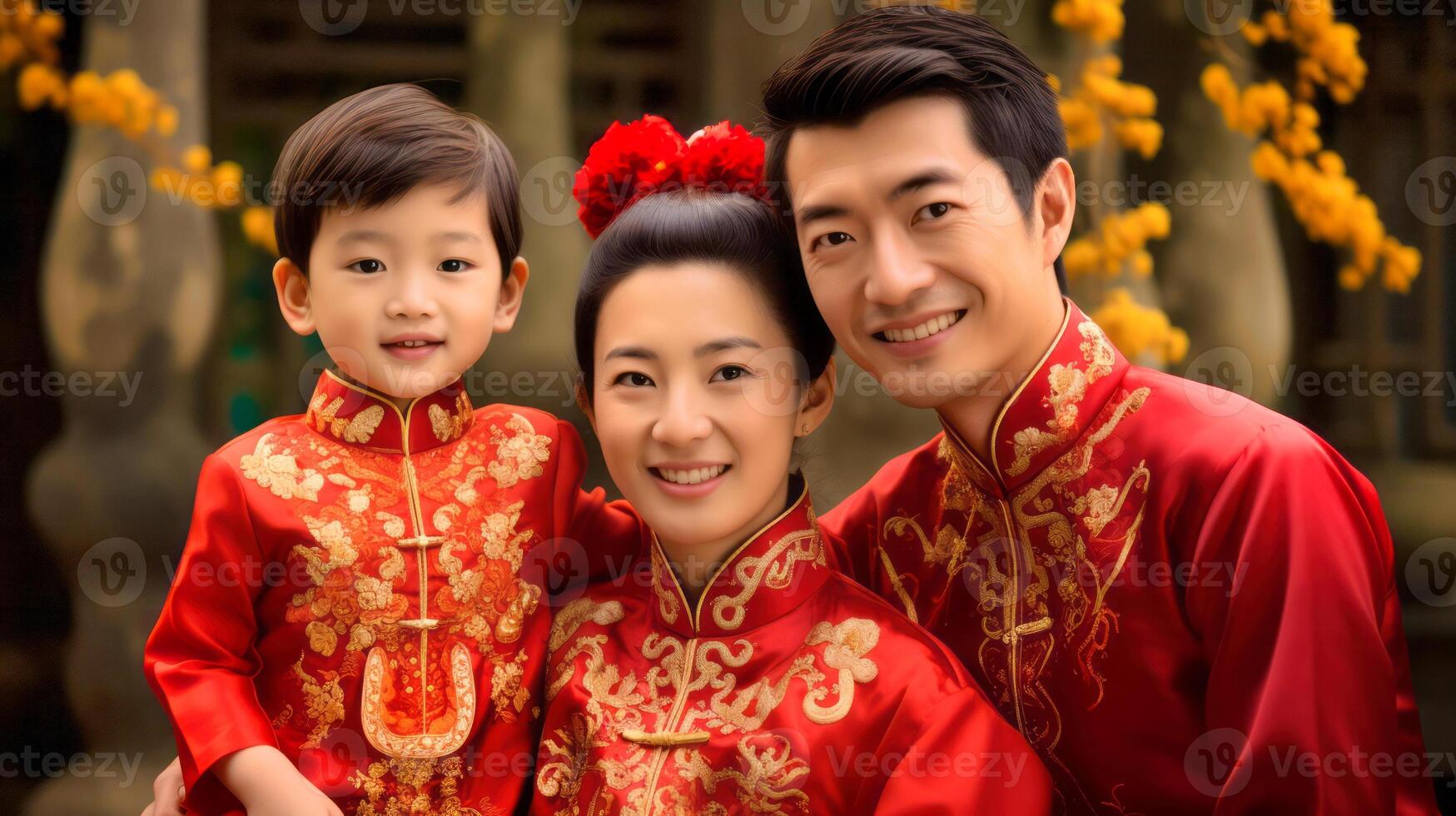 ai gerado. família a comemorar chinês Novo ano dentro tradicional vestuário foto