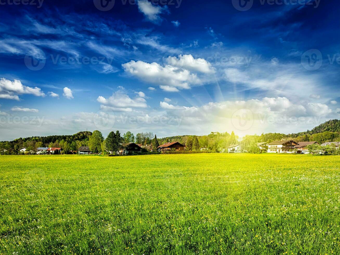 campo Prado campo com Sol e azul céu foto