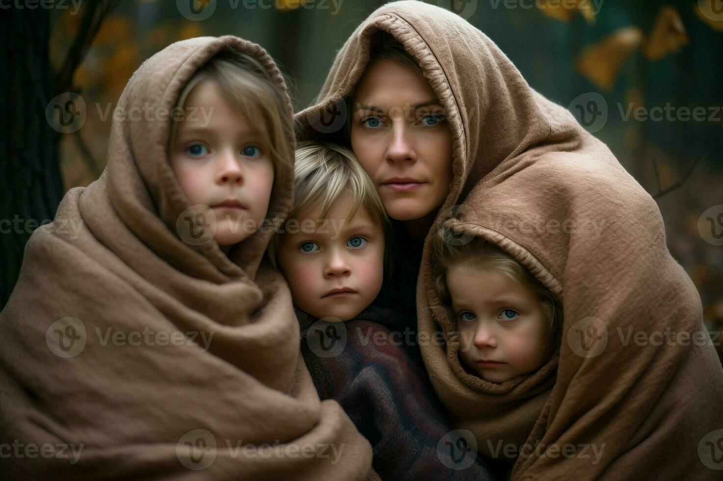 mulheres e três crianças coberto com cobertor ar livre. gerar ai foto