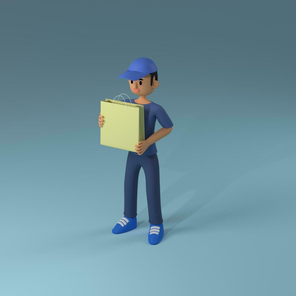 Entrega correio dentro uma azul uniforme com compras bolsas. conceito do seguro Entrega do bens. 3d Renderização foto