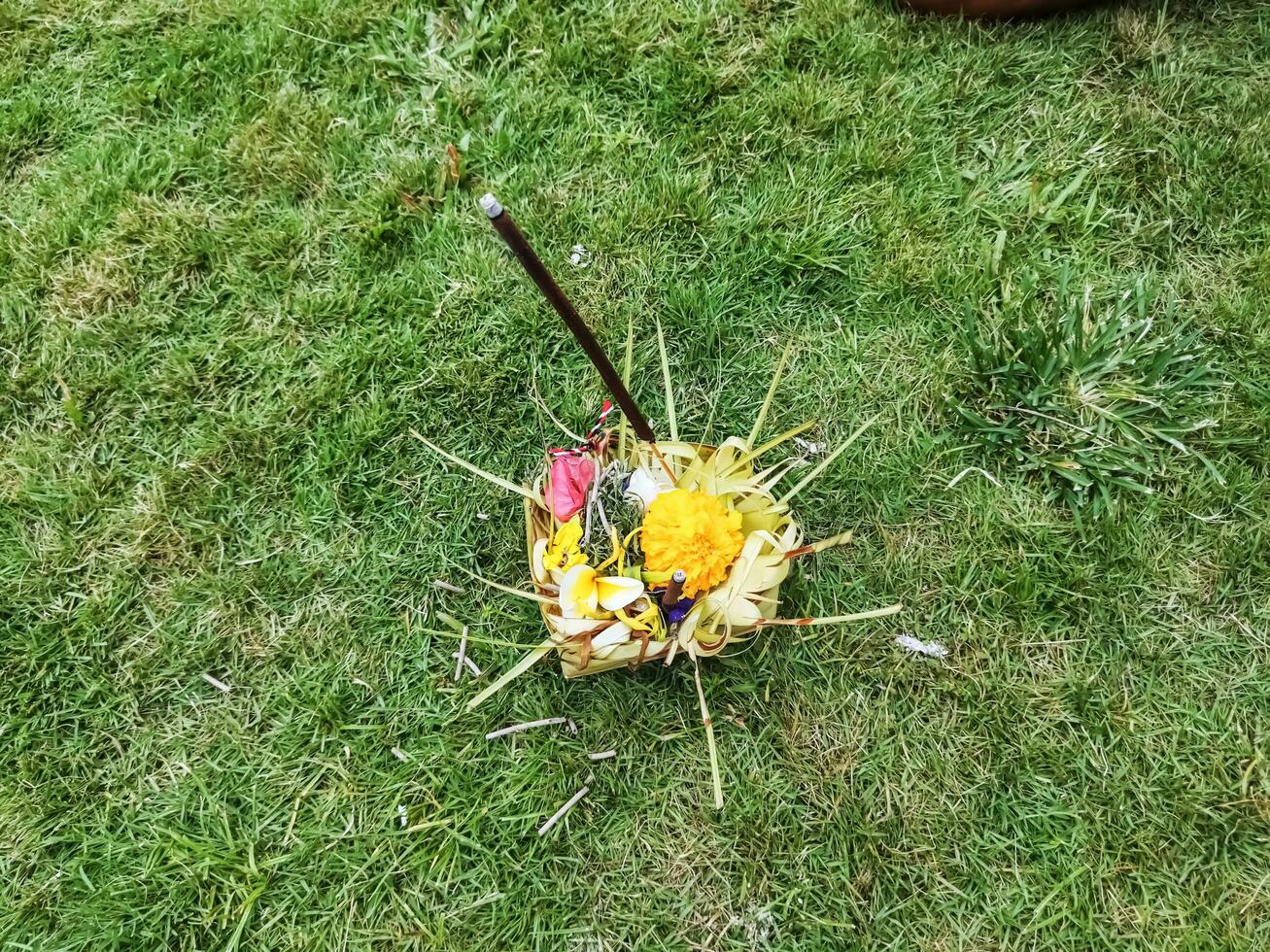 desfocar Comida e flores ofertas do balinesa tradicional cultura e cerimônia hindu bali chamado Sesajen com incenso queimando. cópia de espaço. foto