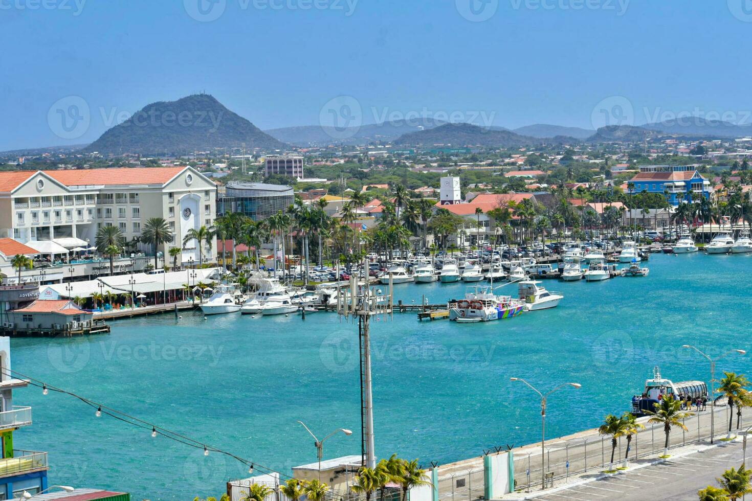 Visão para renascimento marina oranjestad Aruba com frota do pescaria barcos Próximo para lg ferreiro avenida. foto