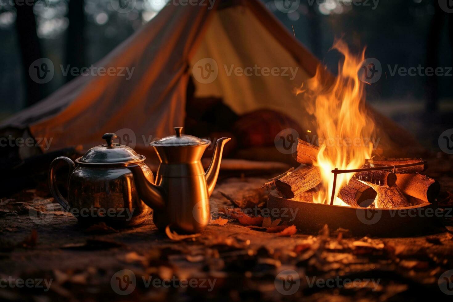 ai gerado acampamento dentro a bosques, uma chaleira e uma copo do chá foto