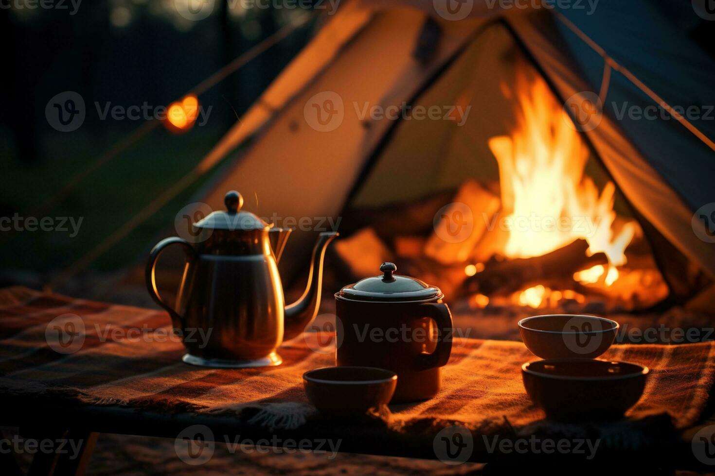 ai gerado acampamento dentro a bosques, uma chaleira e uma copo do chá foto