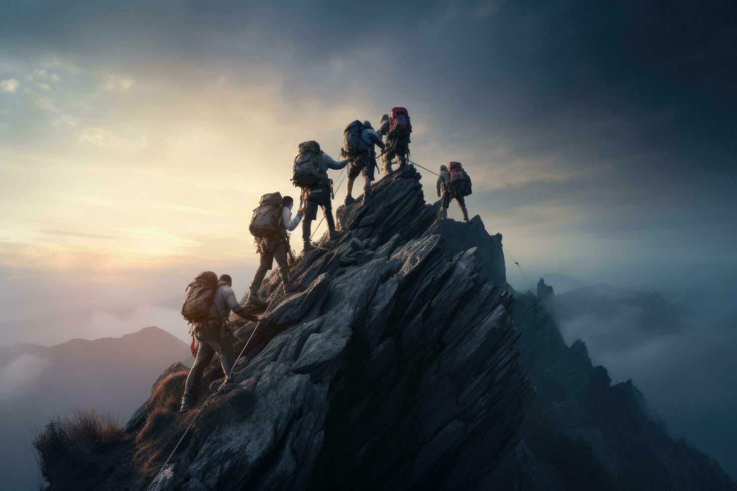 ai gerado caminhantes em a topo do uma montanha às pôr do sol. 3d Renderização, grupo do pessoas em uma pico montanha escalando, ajudando dentro trabalho em equipe, ai gerado foto