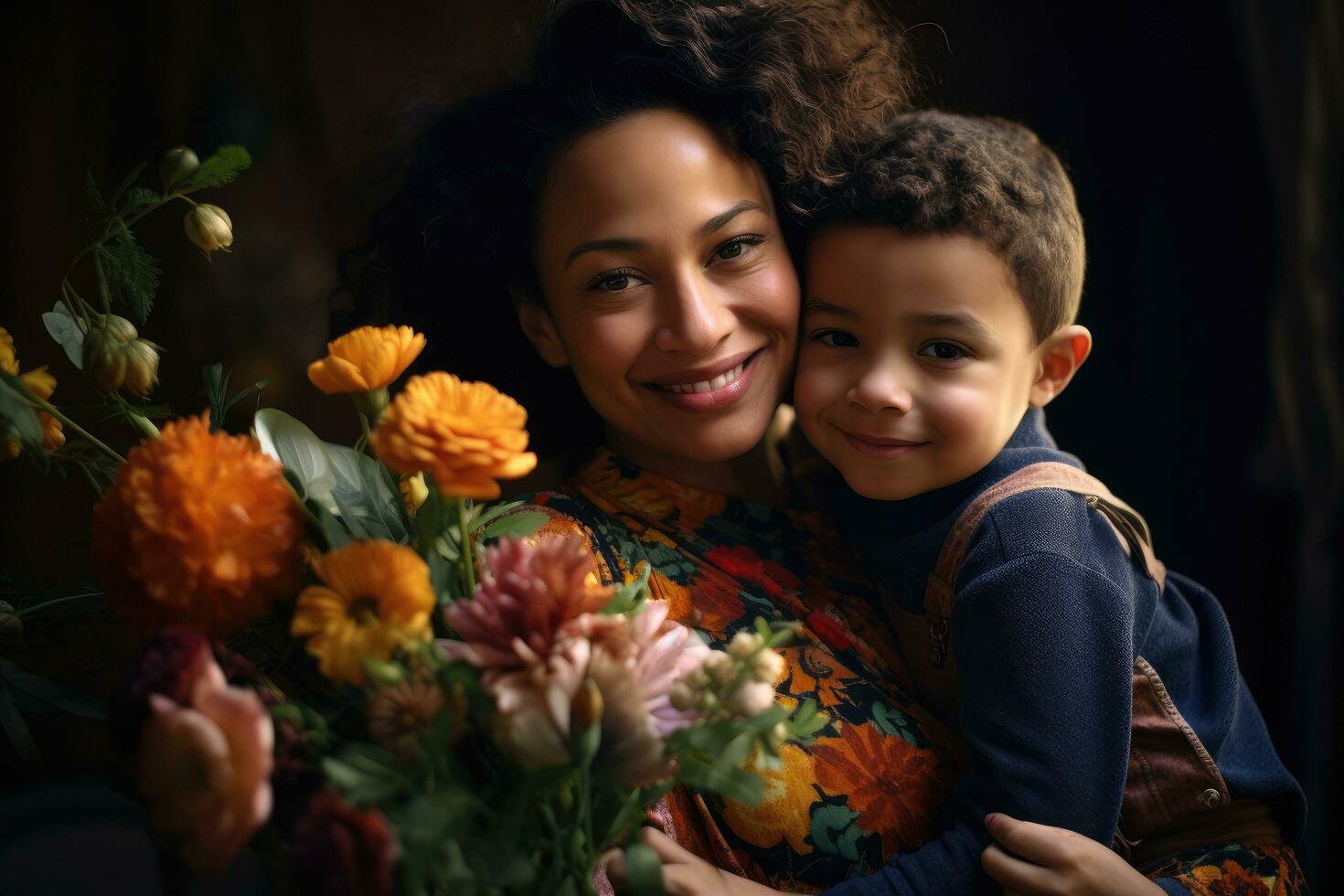 ai gerado retrato do mãe e filho com ramalhete do flores às lar, grato étnico mãe com ramalhete abraçando filho, ai gerado foto