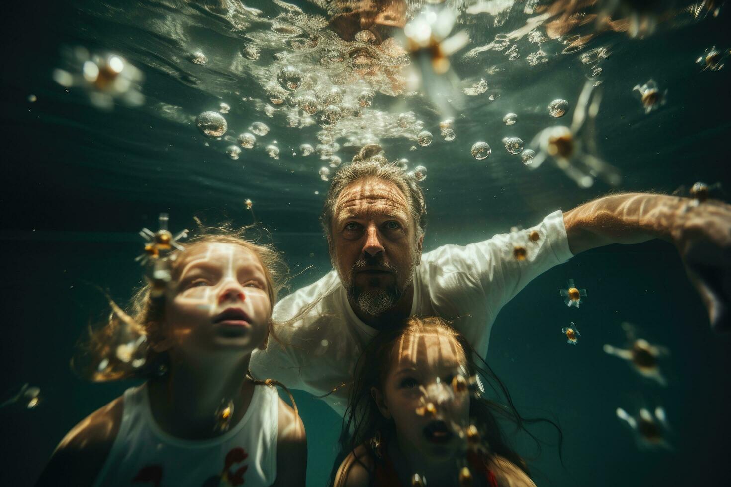 ai gerado Papai e filha nadar embaixo da agua dentro a mar. a conceito do uma feliz família, pai e filhas natação embaixo da agua dentro a piscina, ai gerado foto