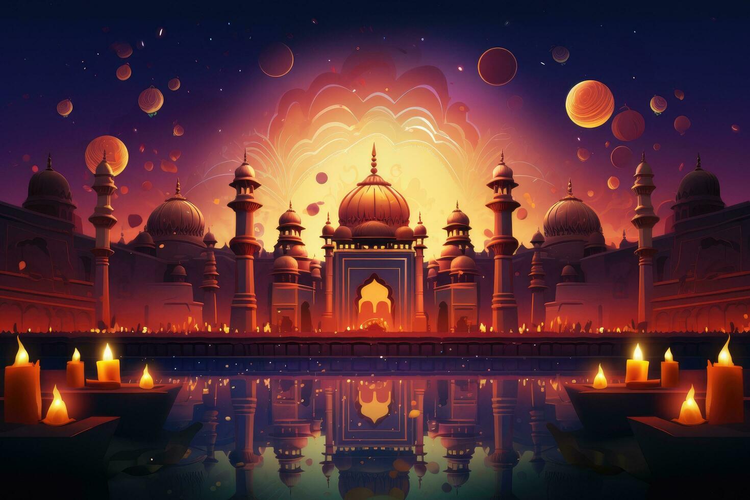 ai gerado ilustração do eid Mubarak fundo com mesquita e velas, diwali festival do luzes fundo, ai gerado foto