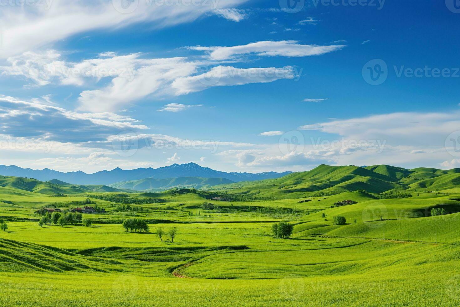 ai gerado lindo panorama com verde prados e azul céu com nuvens. foto