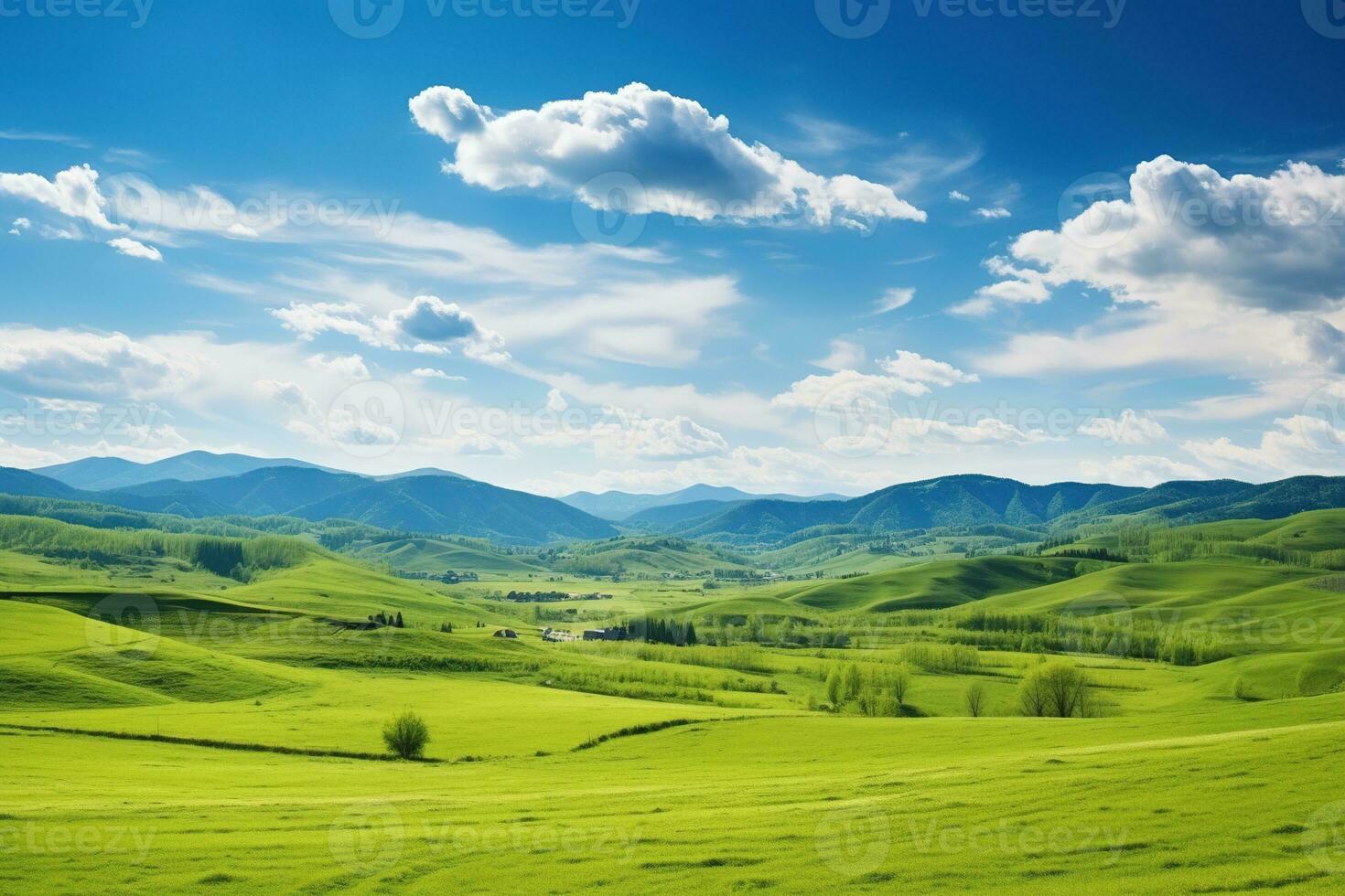 ai gerado lindo panorama com verde prados e azul céu com nuvens. foto