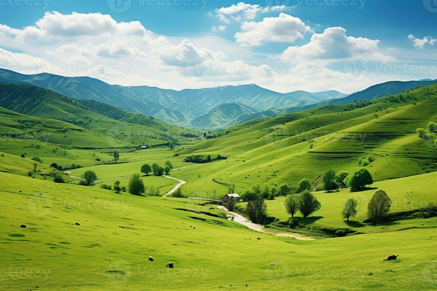 ai gerado lindo panorama com verde prados e azul céu com nuvens. foto