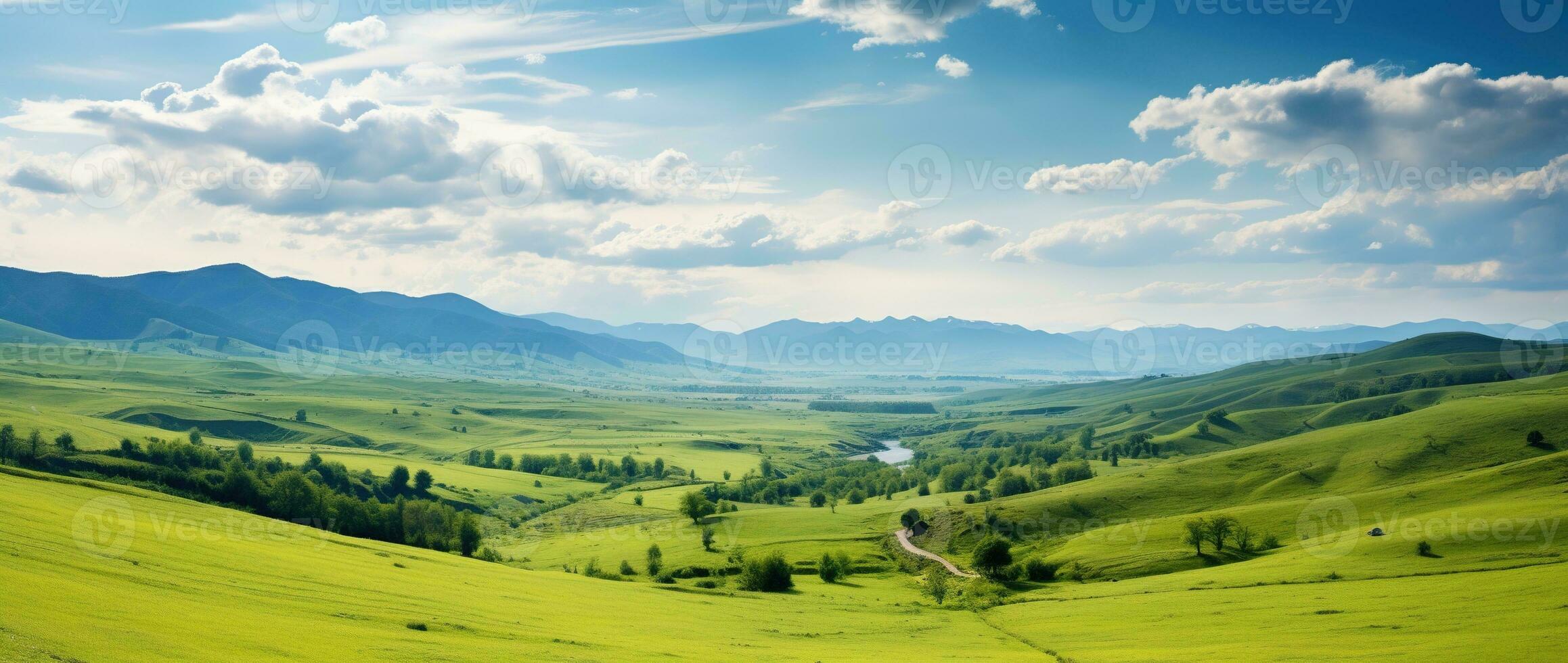 ai gerado lindo panorama com verde prados e azul céu com nuvens. foto