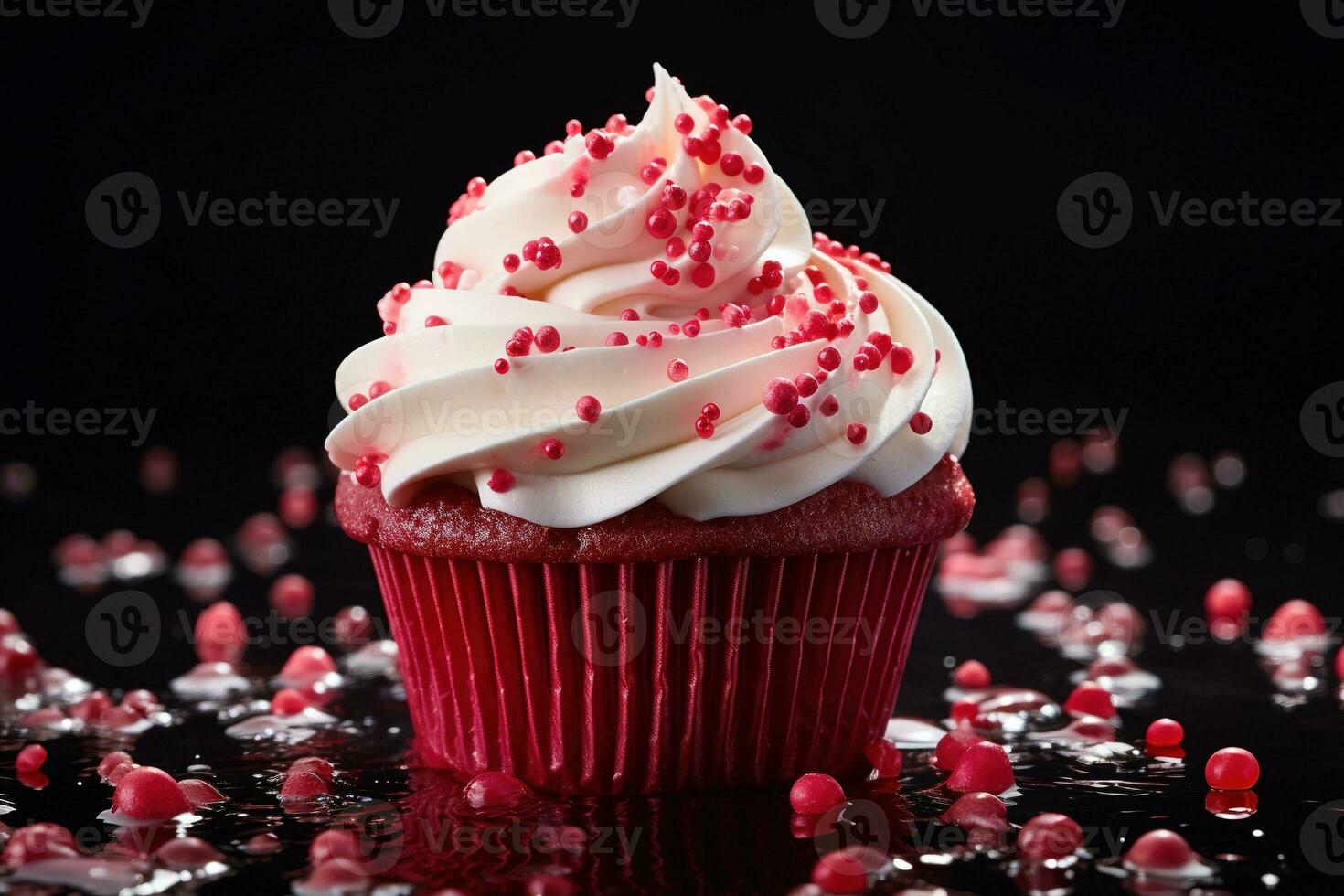 ai gerado namorados Bolinho com em forma de coração granulados em vermelho fundo foto