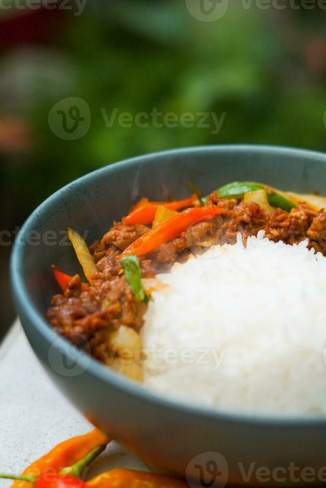 fumaça carne com Pimenta e arroz foto