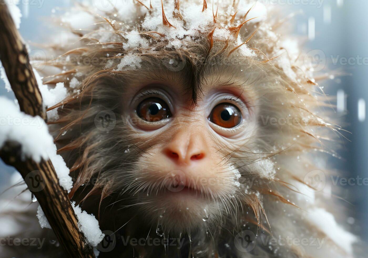 ai gerado fofa bebê macaco dentro inverno panorama com queda neve. foto