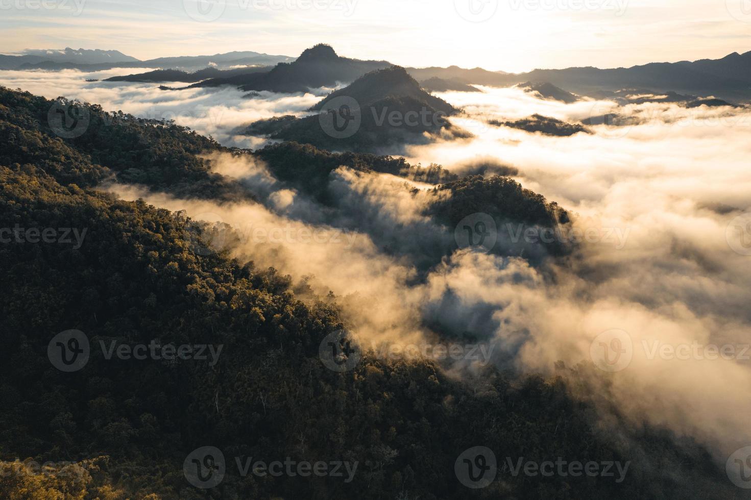 montanhas e nevoeiro matinal na floresta tropical foto