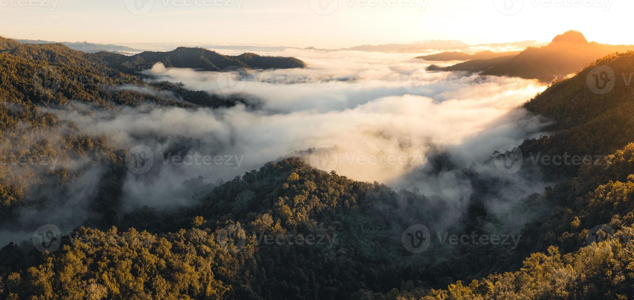 montanhas e nevoeiro matinal na floresta tropical foto