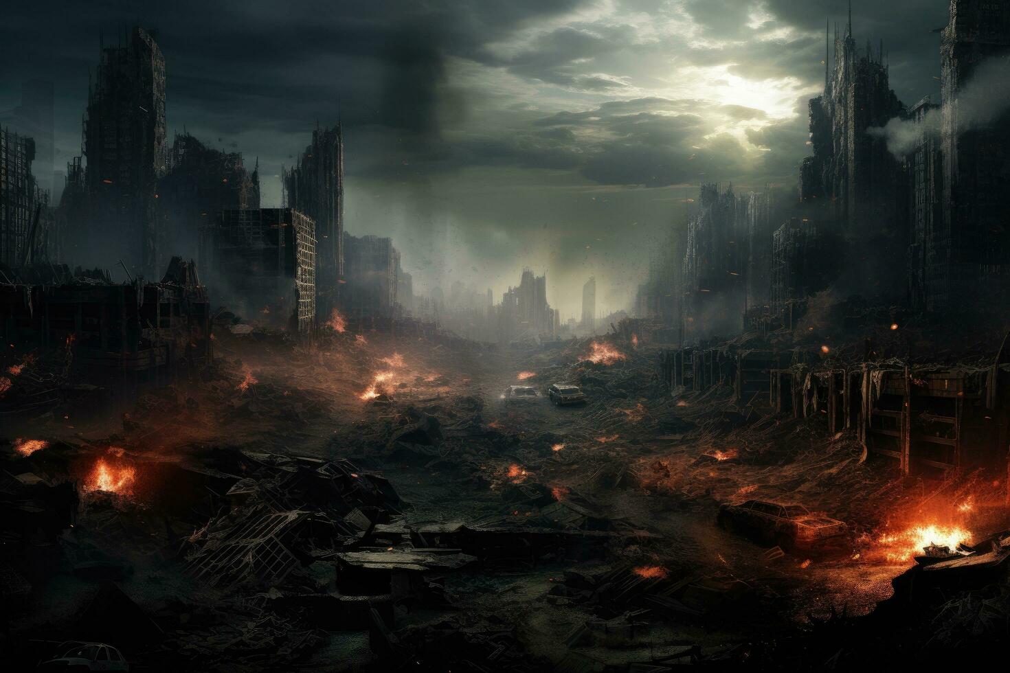 ai gerado ruínas do a cidade destruído de a fogo. 3d Renderização, uma distópico mundo destruído de superpopulação, ai gerado foto