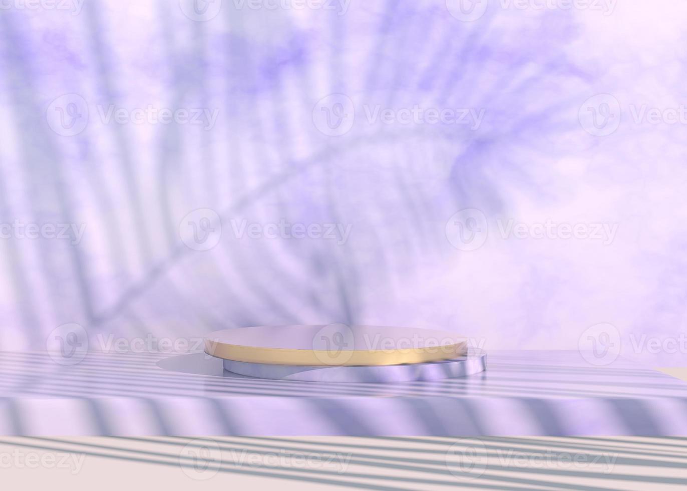 pódio com sombras de folhas de palmeira para apresentação de produtos cosméticos. vazio vitrine pedestal cenário simulado acima. Renderização 3D. foto