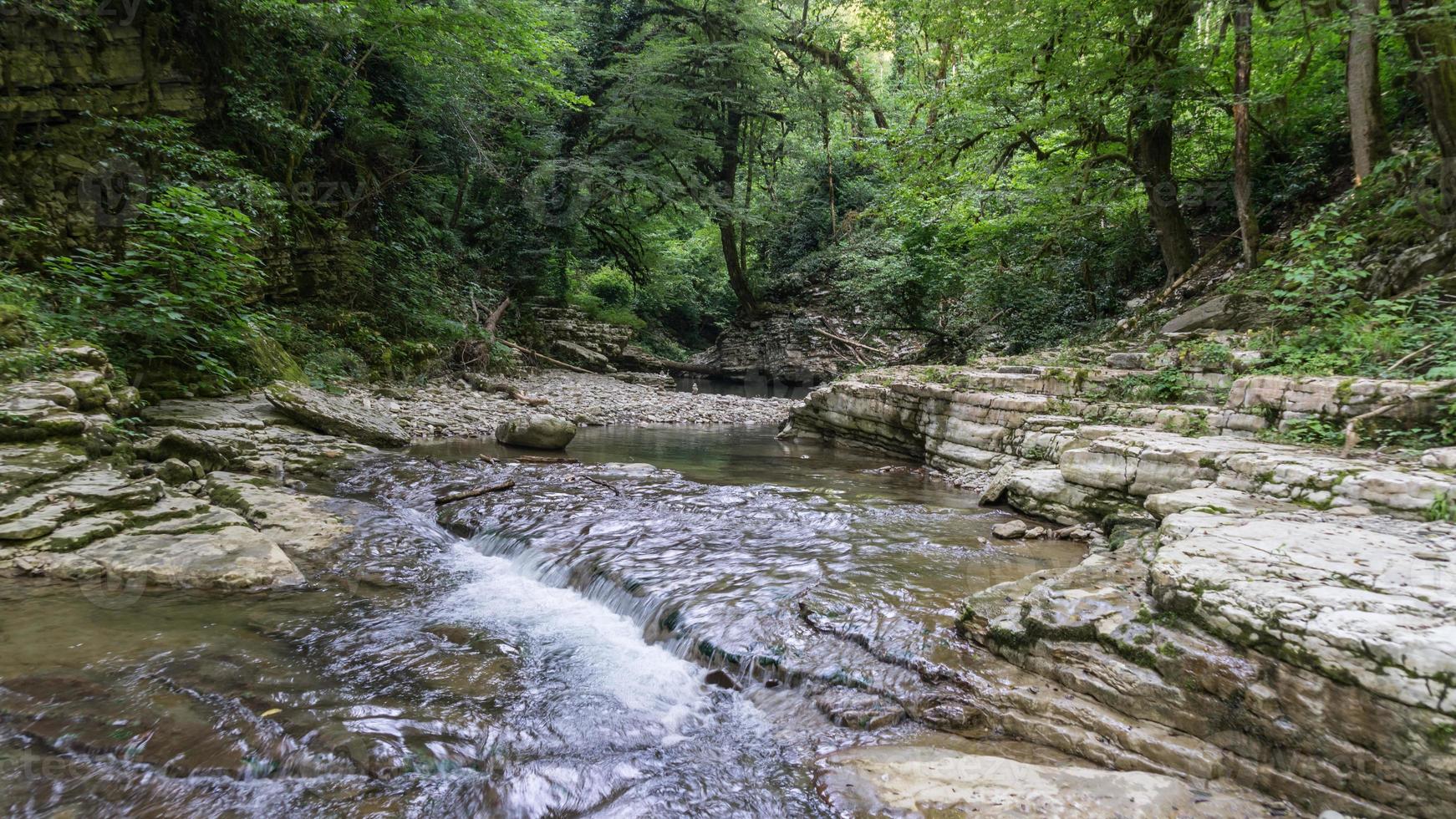 bela floresta e rio de montanha em psakho canyon, krasnodar krai, rússia. foto