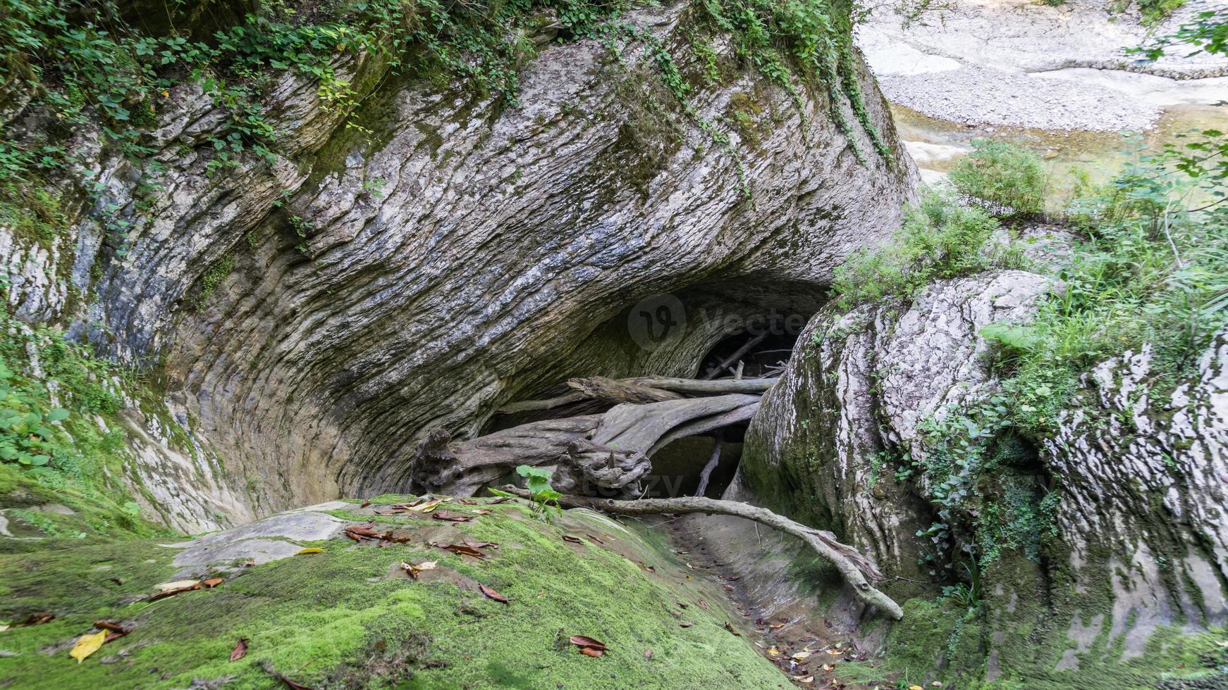 bela floresta e rio de montanha em psakho canyon, krasnodar krai, rússia. foto