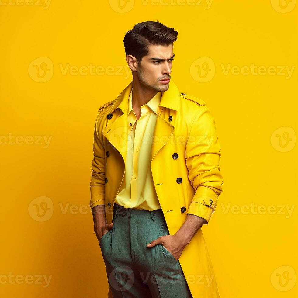 ai gerado uma à moda carisma masculino modelo dentro amarelo trincheira casaco e luz verde calças foto