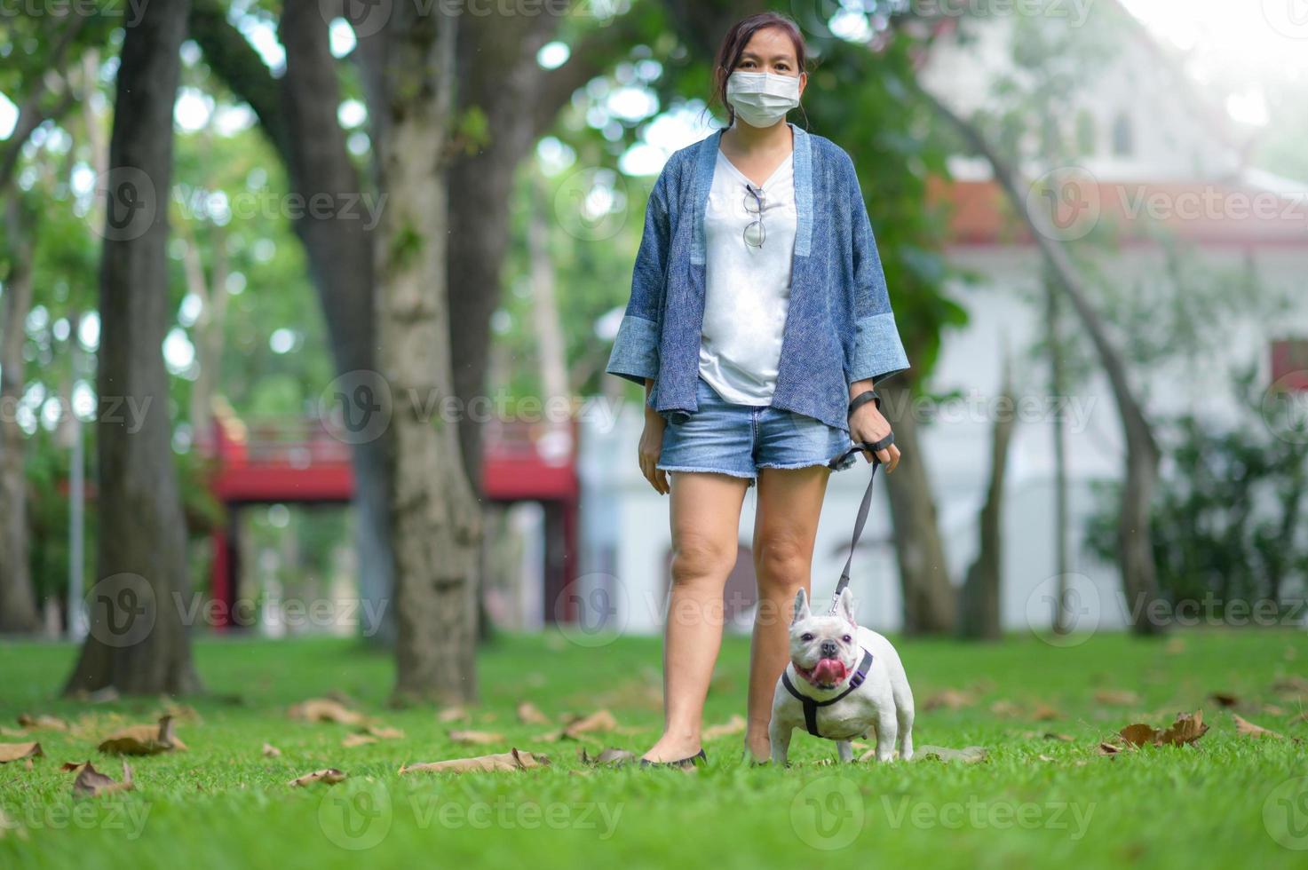 mulher com buldogue francês no gramado. foto